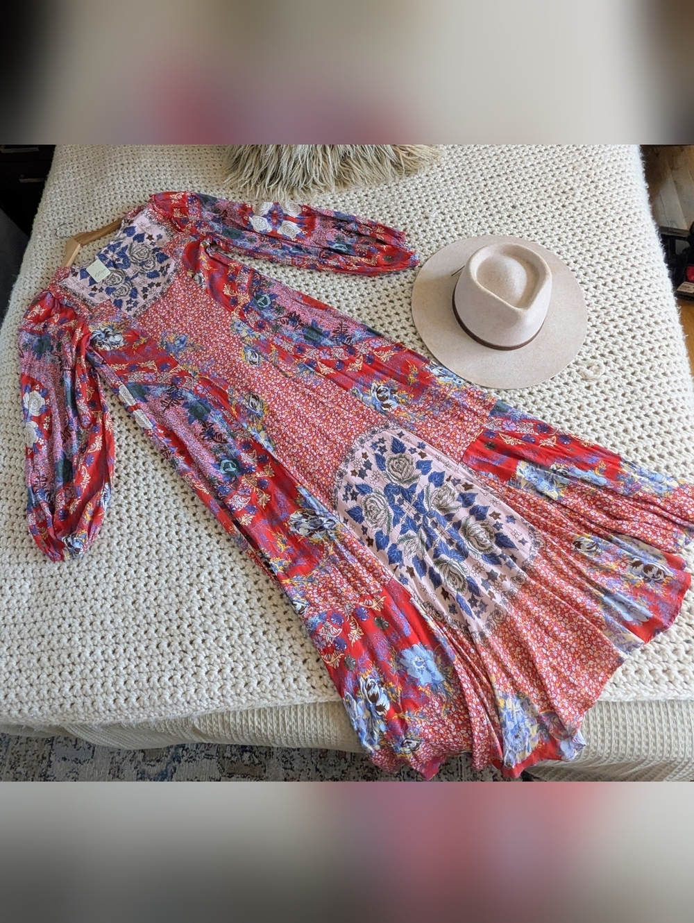 FREE PEOPLE Marais Dress. Boho Red Floral V-Neck Long Sleeve Maxi Dress - Picture 5 of 5